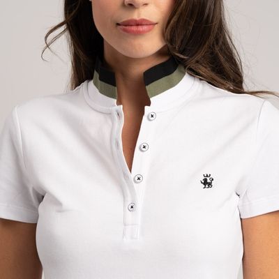 Polo donna manica corta tinta unita in cotone piquet stretch, dettaglio collo